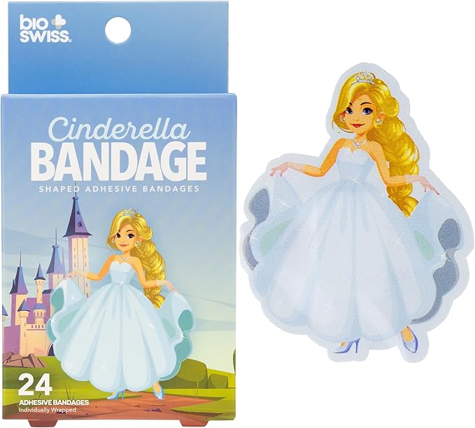 BioSwiss Kids Bandages, Princess Cinderella Shaped Self Adhesive Bandage Set, Latex Free, Sterile Wound Care, 24 Count
