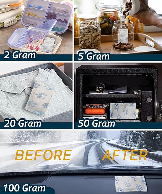 100 Gram (10 Pack) Color-Indicating Silica Gel Packets, Premium Food Grade Desiccant - Rechargeable Moisture Absorbers for Food Storage, Electronics, 3D Filament & Safes
