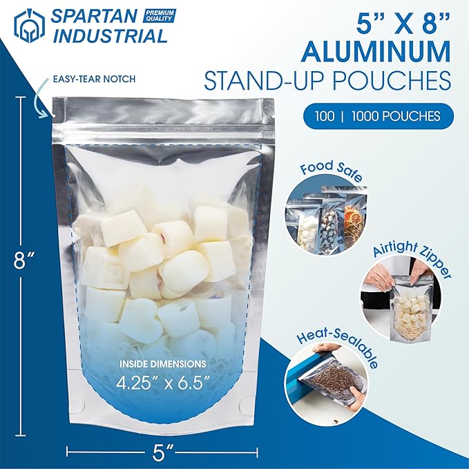 Spartan Industrial - 5" X 8" Aluminum Resealable Stand-Up Pouch Bags - Pack of 100 Smell-Proof Heat Seal Bags for Cookies, Candy Packaging, Bath Salts, and More