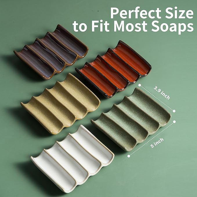 Bathroom Soap Dish for Shower, Bar Soap Holder with Self Drain, Ceramic Soap Saver Tray for Bathroom Sink, Kitchen Counter, Drain Fluted Design to Lift Soap Keep Dry, Red
