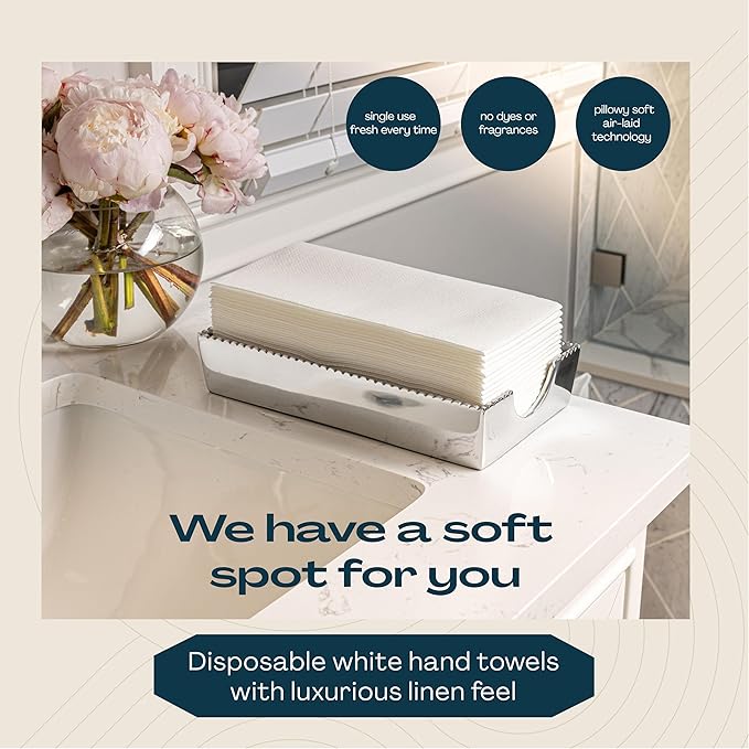 Disposable Linen-Feel Guest Towels - 12" x 17" Cloth-Like Hand Towels - Made In USA, Soft And Absorbent Paper Napkin For Bathroom, Kitchen, Or Event [Extra-Soft - Pack of 50], White