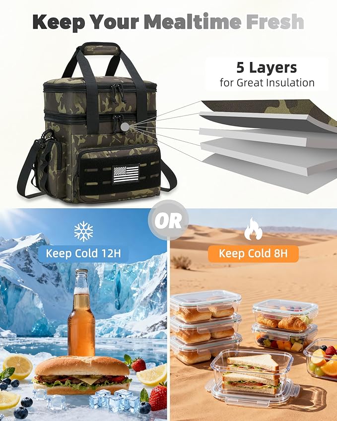 Tactical Lunch Bag & Lunch Box for Men - Large Double Deck Expandable Insulated Soft Adult Lunchbox for Work - Cooler Bag for Beach, Picnic, Camping,Outdoor，Travel (Camo,16L)