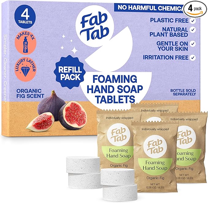 Fab Tab Foaming Hand Soap - Sustainable & Convenient - Plant-based Tablets - Makes 4 X 11.09 Fl Oz Bottles - Fig scent - Foam Soap Refill