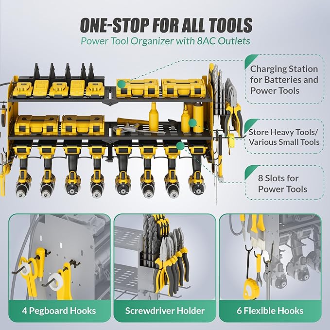 Suchtale Power Tool Organizer Wall Mount,Drill Organizer,33.2" Garage Storage,8 Drill Holders,3 Layers Heavy Duty Metal Shelf with 8 Outlets Power Strip, Christmas Gifts for Dad,Husband,Yellow