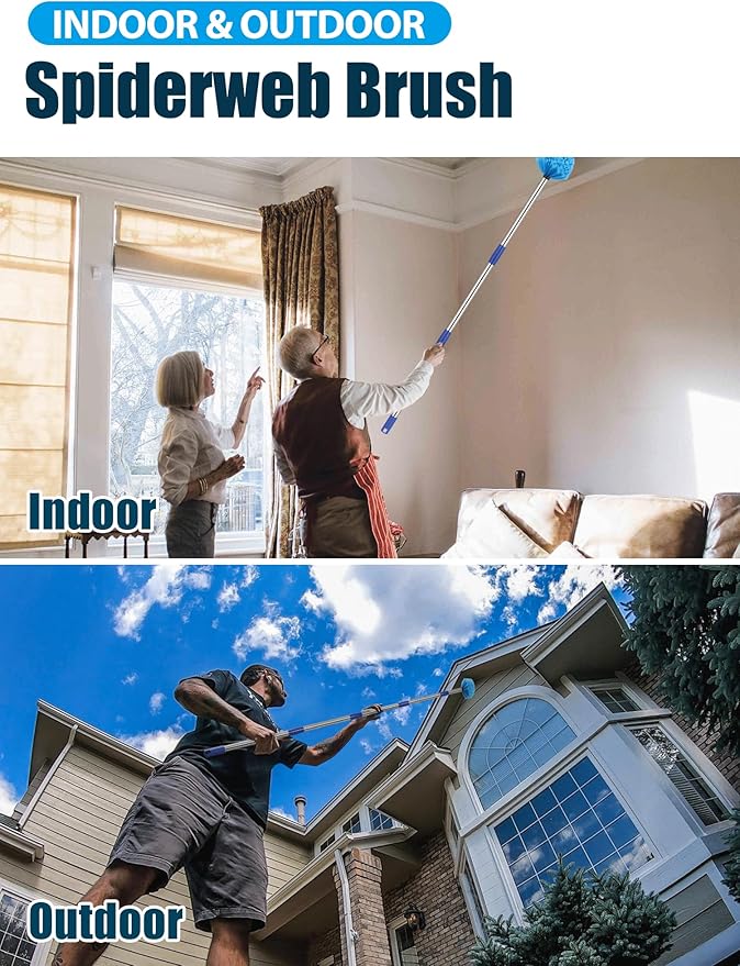 Cobweb Duster with Extension Pole, Outdoor Spider Web Brush with 6 ft Long Handle, Metal Cob Web Remover for High Ceilings Fans Indoor Cleaning, Medium-Stiff Bristles Dust Brush, Lightweight Cleaner