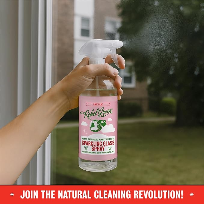 Rebel Green Sparkling Glass Spray - Streak-Free Natural Glass Cleaner for Windows, Mirrors, and Surfaces - Pink Lilac Scent - 16 oz - 2 Pack