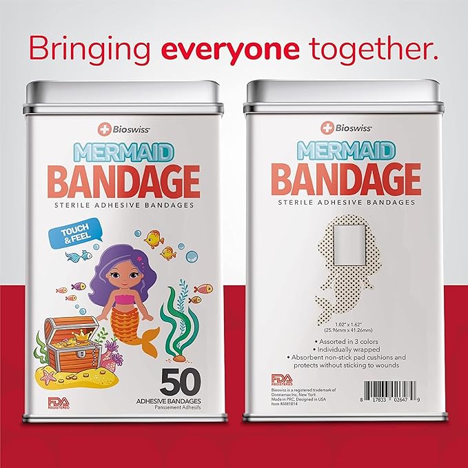 BioSwiss Kids Bandages, Mermaid Shaped Self Adhesive Bandage Set, Latex Free, Sterile Wound Care, 50 Count