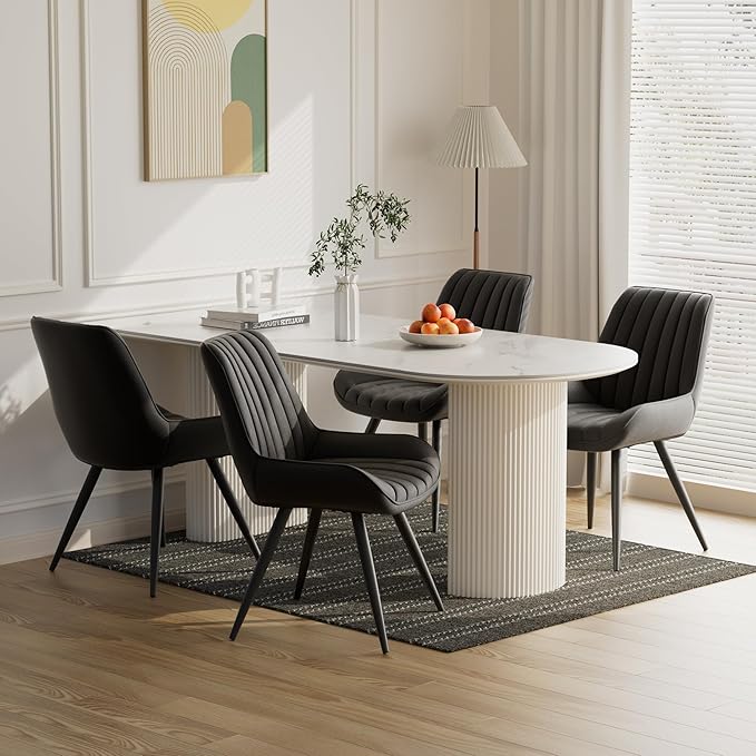 Dining Chairs Set of 6, Faux Leather Mid Century Modern Kitchen Chairs with Soft Cushion, Comfortable Upholstered Dining Room Chairs for Kitchen, Black
