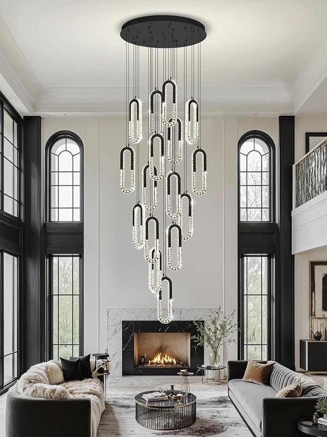 H138 Large Chandelier for High Ceiling,Modern 16-Rings Crystal Chandeliers for Entryway,Black Pendant Light for Living Room,Foyer,Entryway LED Dimmable Staircase Chandelier