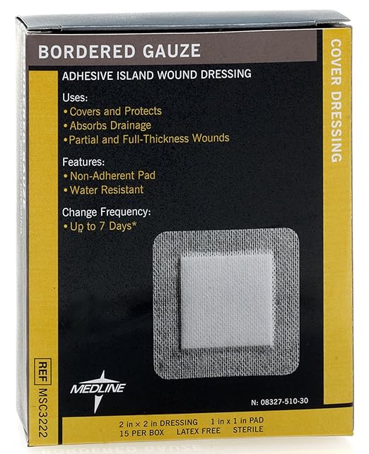 Medline Bordered Gauze, 2" x 2", Adhesive Island Wound Dressing, Sterile, Soft Nonwoven Backing, Water-Resistant Adhesive Wound Cover for First Aid & Post-Surgical Care, 15 Count