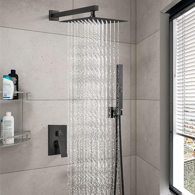 Shower Faucet Set Rainfall Shower System with Square Showerhead and Handle Set Fixture with 2 in 1 Function Handheld Sprayer Wall Mounted Trim Repair Kit Rough-in Valve 12 Inch Oil Rubbed Bronze