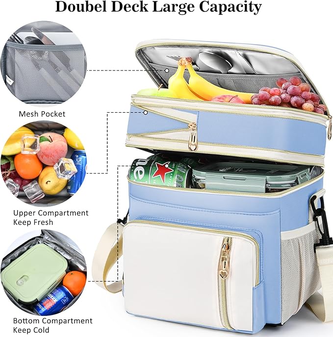 LOKASS Expandable Lunch Box for Women Men | Adult Lunchbag Cooler Tote Bag with Adjustable Shoulder Strap | Insulated Reusable Womens Lunch Bags for Work Camping Beach | 16L, Baby Blue