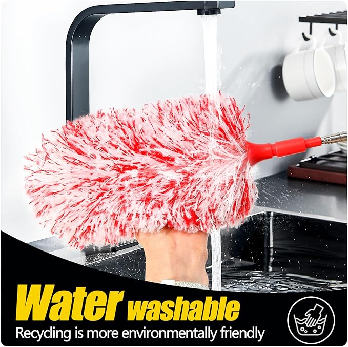 20-49inches Extendable Microfiber Feather Duster with 10pcs Replaceable Heads, Extra Long Bendable Duster for Cleaning, Electrostatic Dust Remove for Furniture, Ceiling, Window,etc (Red)