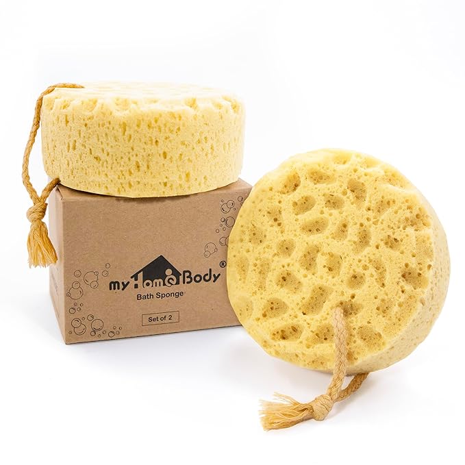 myHomeBody Bath Sponge, Foam Loofah, Body Scrubber for Bathing, Exfoliating Shower Pouf for Shower – Large Size, Lots of Lather, Round, 2 Pack