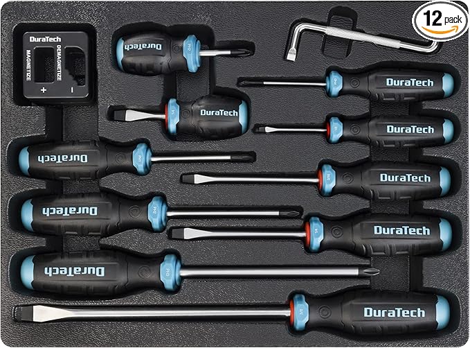 DURATECH 12-Piece Magnetic Screwdriver Set, 5 Phillips and 5 Slotted Tip S2 Alloy Steel Screwdriver Set, 1 pc Magnetizer Demagnetizer, 1 pc CR-V Offset Screwdriver, Storage Tray Included