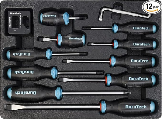 DURATECH 12-Piece Magnetic Screwdriver Set, 5 Phillips and 5 Slotted Tip S2 Alloy Steel Screwdriver Set, 1 pc Magnetizer Demagnetizer, 1 pc CR-V Offset Screwdriver, Storage Tray Included