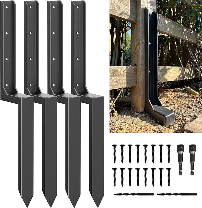 Fence Post Repair Kit - Quick Fix Broken/Leaning 4x4/6x6 Wood Posts with One-Piece Steel Anchor Stakes (Thickened 11-Gauge, 4-Pack)