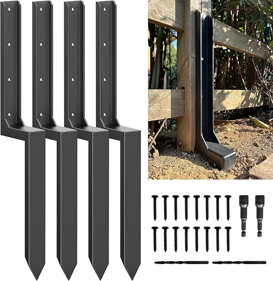 Fence Post Repair Kit - Quick Fix Broken/Leaning 4x4/6x6 Wood Posts with One-Piece Steel Anchor Stakes (Thickened 11-Gauge, 4-Pack)