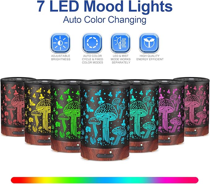 Essential Oil Diffuser- Aromatherapy Diffuser with7 Colors Light, and Auto-Off -Metal Cool Mist Humidifier for Home and Office（Mushroom + Bee）…