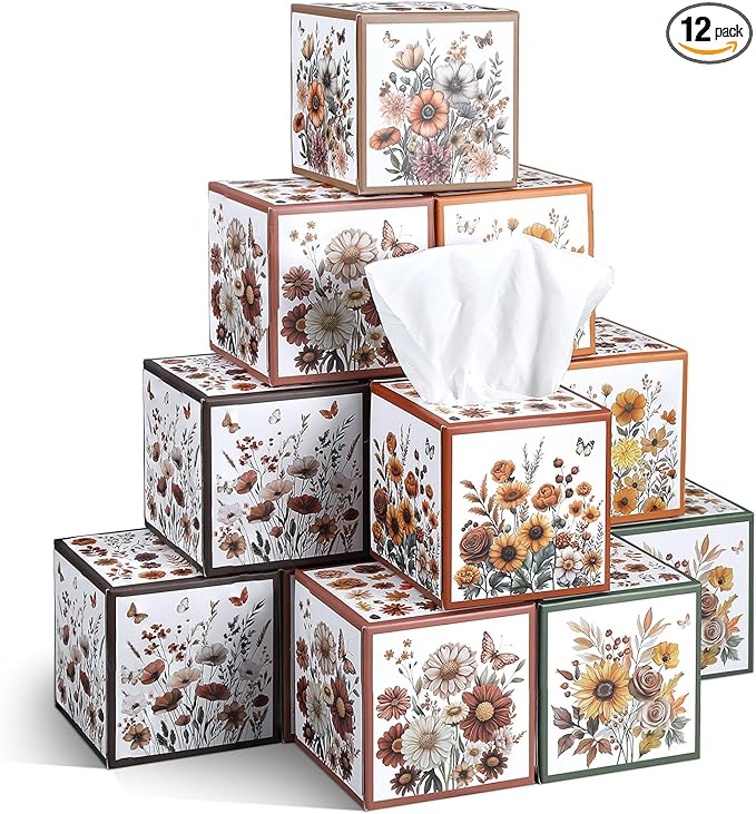 12 Pack Fall Wildflower Floral Facial Tissues Cube Boxes 600 Sheets 3 Ply Autumn Small Flower Square Face Tissues Bulk for Thanksgiving Day Car Bedroom Party Supplies