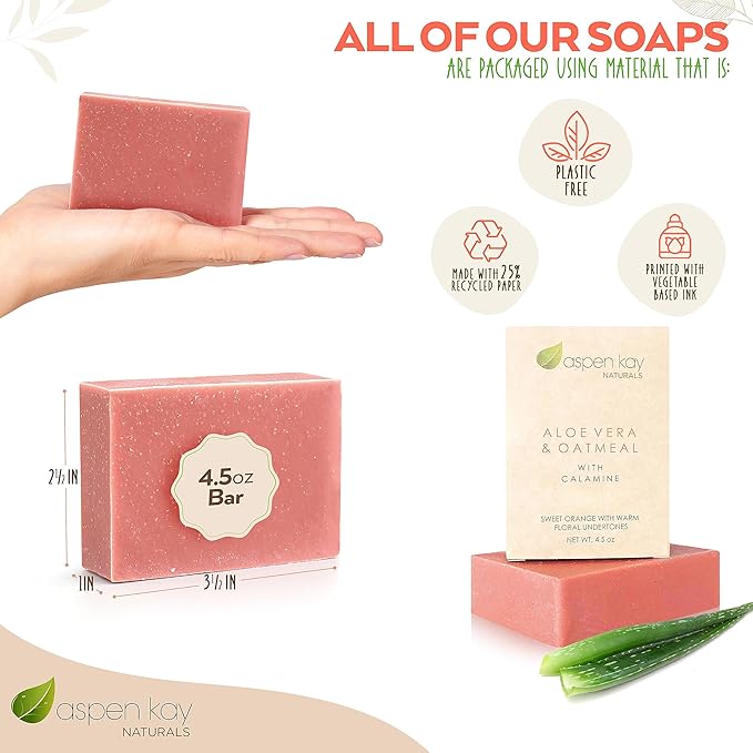Aloe Vera & Oatmeal Soap Bar with Calamine, Natural & Organic Ingredients - Organic Aloe Vera & Colloidal Oats. Face & Body - for Men, Women & Teens. Gentle Body Wash. 4.5 oz Bar (Pack of 2)