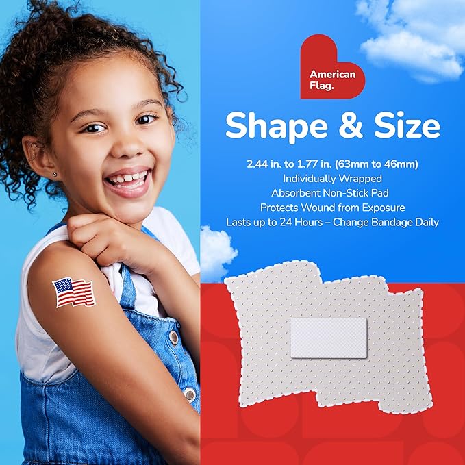 BioSwiss Kids Bandages, American Flag Shaped Self Adhesive Bandage Set, Latex Free, Sterile Wound Cares, 24 Count