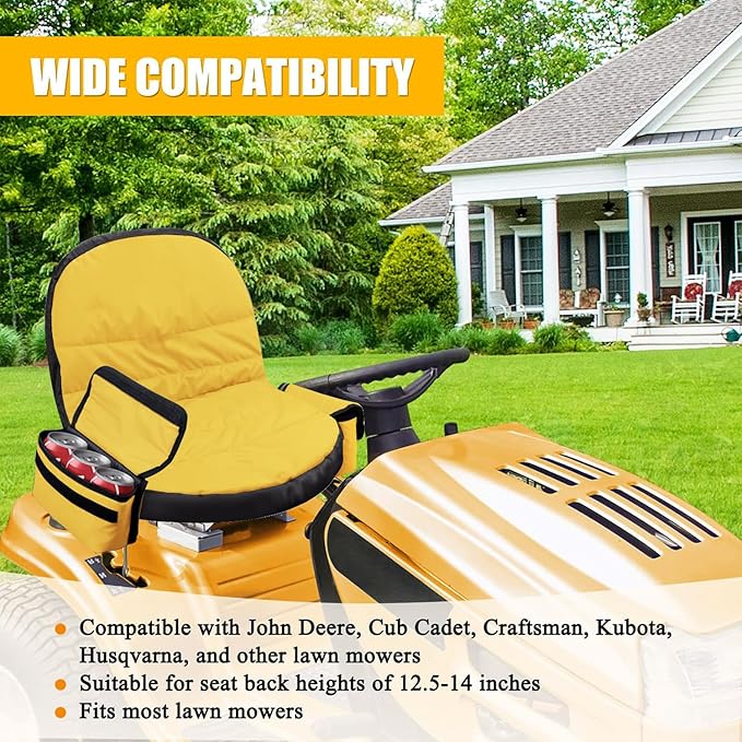Lawn Tractor Seat Cover with Pocket, Compatible with John Deere, Cub Cadet, Craftsman, Kubota, Husqvarna, Fit for Seat Back Heights of 12.5-14 Inches -Yellow