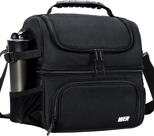 MIER Dual Compartment Lunch Bag Tote with Shoulder Strap for Men and Women Insulated Leakproof Cooler Bag, Black