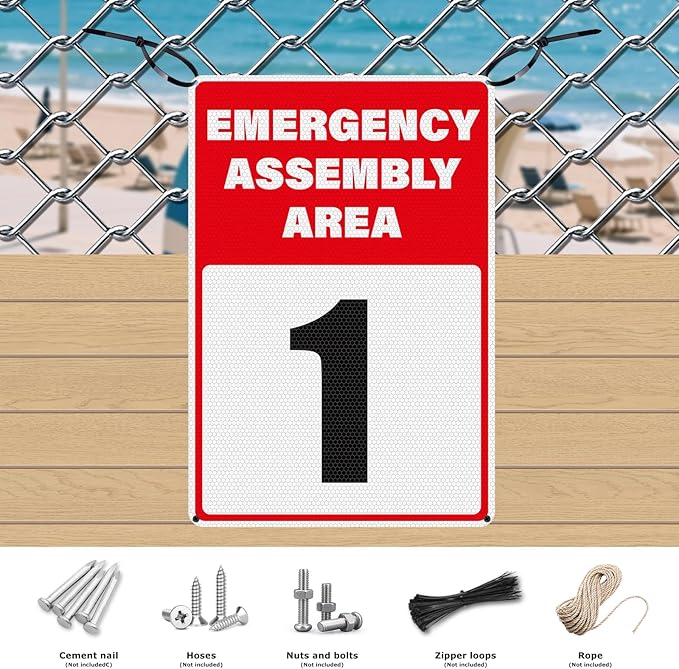 2 Pack Emergency Assembly Area 1 Sign 18 × 12 Inches Aluminum Reflective Safety Signage with Pre-Drilled Holes for Business Construction Site Warehouse