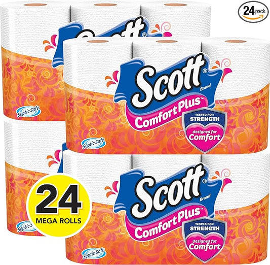 Scott ComfortPlus Toilet Paper, 4 Packs of 6 Mega Rolls (24 Rolls Total) Bath Tissue, White