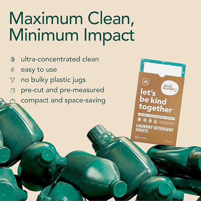 Kind Laundry Detergent Sheets with Stain-Fighting Enzymes - Plant Powered Eco-Friendly Laundry Soap Sheets - Home or Travel Laundry Detergent Fragrance Free, 60 Loads (Mom's Choice Award Winner)