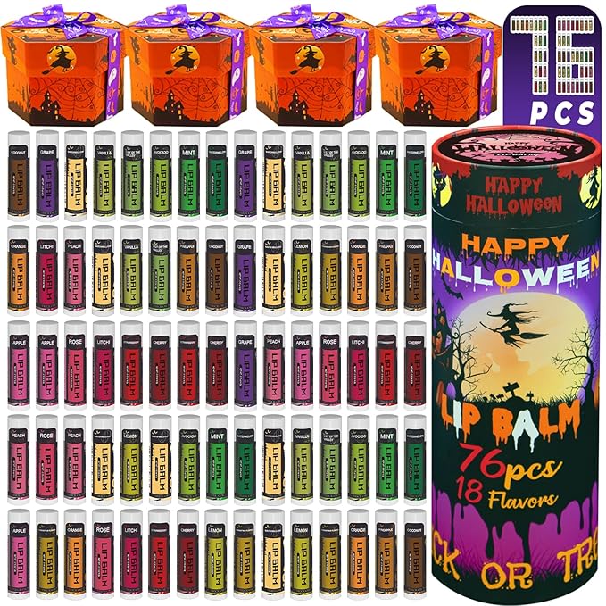 Yopela 76 Pack Halloween Lip Balm Party Favors, Lip Care Set with Vitamin E & Coconut Oil to Moisturize Repair Dry Chap Lips, 18 Flavors,Perfect for Trick-or-Treat Gifts or Goodie Bag Stuffers
