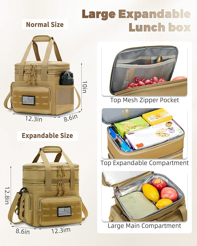 Tactical Lunch Bag & Lunch Box for Men - Large Double Deck Expandable Insulated Soft Adult Lunchbox for Work - Cooler Bag for Beach, Picnic, Camping,Outdoor，Travel (Brown,16L)