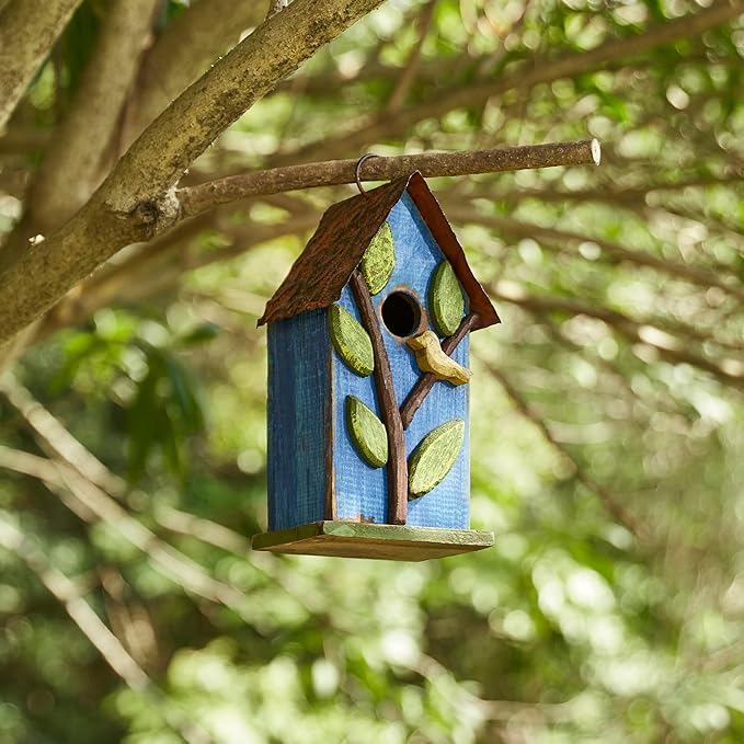 Glitzhome 9.7" H Hanging Bird House for Outdoor Patio Garden Decorative Pet Cottage Distressed Wooden Birdhouse, Blue Leaves