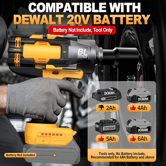 Cordless Impact Wrench 3/4" for De-Walt 20V Battery, 1475 Ft-lbs (2000N.m) High Torque power Impact Gun Heavy Duty Brushless, 3 Mode, 1/2" Impact Socket Adapter, Car Tire Truck RV Mower (No battery)