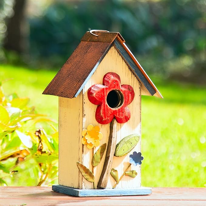 Glitzhome 10.2" H Hanging Bird House for Outdoor Patio Garden Decorative Birdhouse Pet Cottage Wooden Distressed Birdhouse, Flower Rustic White
