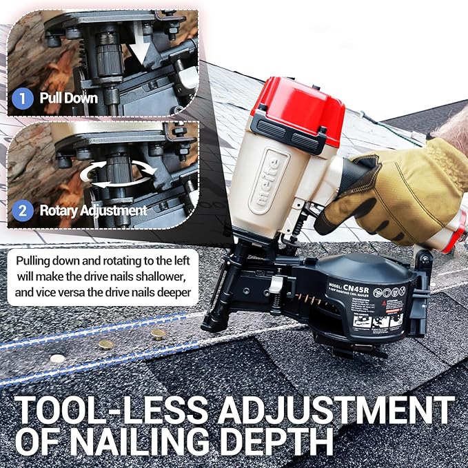 meite CN45R Roofing Nailer 15 Degree Professional Heavy Duty Pneumatic Coil Roofing Nail Gun, Tool-free Depth Dial & Dual Firing Modes for Asphalt Shingles Fencing, Accepts 7/8" to 1-3/4" Coil Nails