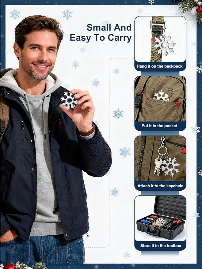 Christmas Gifts for Men 2025 - Stocking Stuffers for Him,18-in-1 Snowflake Multi Tool 2 Pack,Stainless Steel Multitool with Carabiner & Bottle Opener,Holiday Gift for Dad,Husband,Brother(Silver+Black)