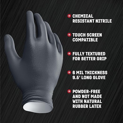 Venom Steel Industrial Nitrile Gloves, Chemical Resistant Disposable Black Gloves, Latex-Free, Powder-Free, Textured Grip, Heavy Duty Two-Layer Protection, 6 mil, One Size Fits Most, 50 Count