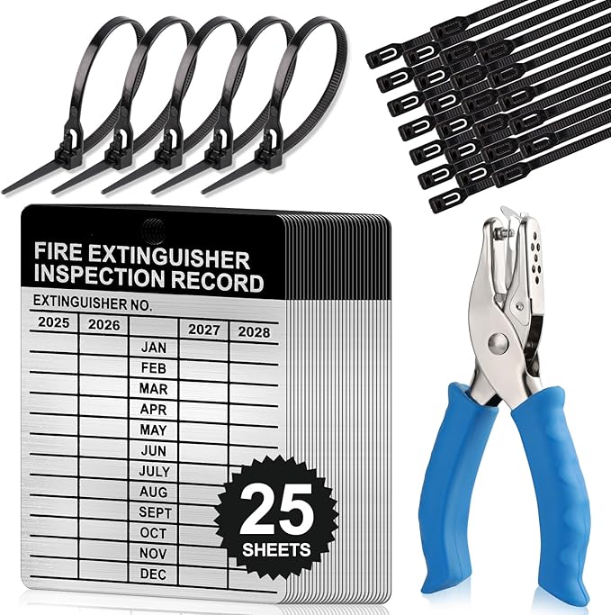 25 Sets Metal Inspection Tags Safety Inspection Tags Fire Extinguisher Inspection Sticker 2.2X3inch Fire Extinguisher Inspection Record Tag 2025-2028 with Handheld Hole Puncher for Indoor Outdoor (25)