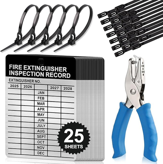 25 Sets Metal Inspection Tags Safety Inspection Tags Fire Extinguisher Inspection Sticker 2.2X3inch Fire Extinguisher Inspection Record Tag 2025-2028 with Handheld Hole Puncher for Indoor Outdoor (25)