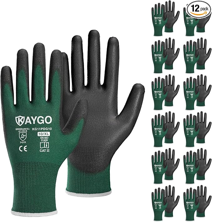 KAYGO Safety Work Gloves PU Coated,12 Pairs KG11PB Seamless Knit Glove for Men and Women, with Smooth Grip on Palm and Fingers, Ideal for General Duty Work (X-Large,Dark Green)