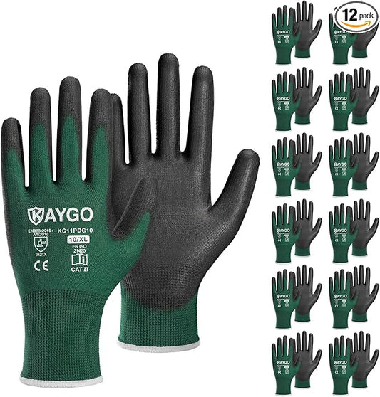 KAYGO Safety Work Gloves PU Coated,12 Pairs KG11PB Seamless Knit Glove for Men and Women, with Smooth Grip on Palm and Fingers, Ideal for General Duty Work (X-Large,Dark Green)