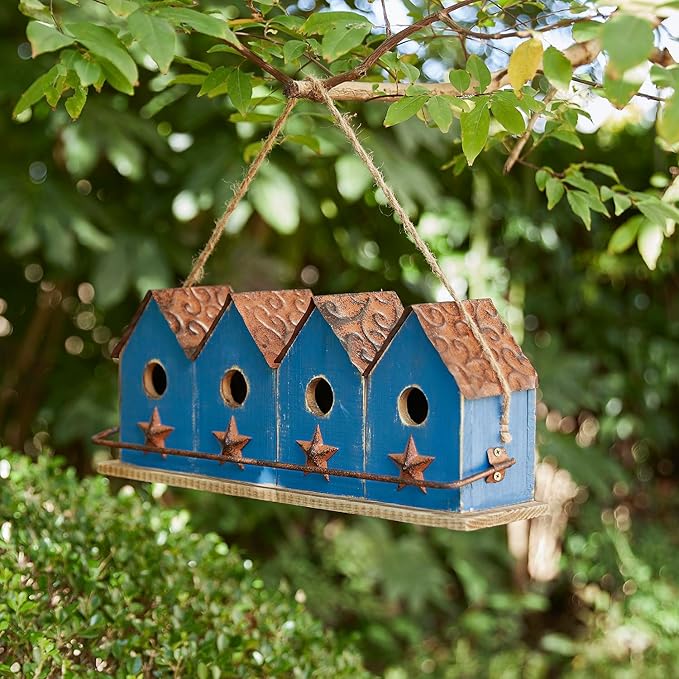 Glitzhome 17" L Distressed Solid Wood Birdhouse with Perch Decorative Garden Hanging Bird House for Outdoors,Retro Blue