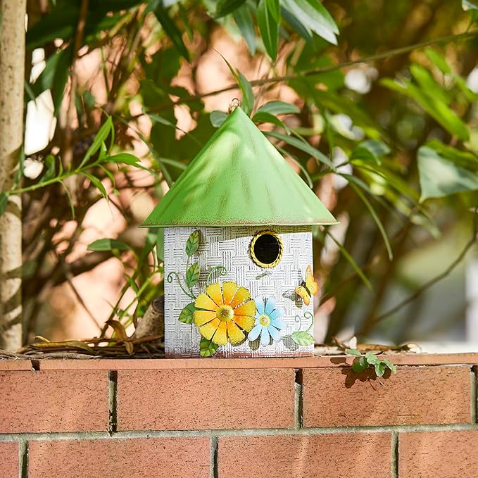 Glitzhome 11" H Distressed Metal Cottage Decorative Birdhouse with a Cluster of 3D Flowers and Butterfly Hanging Bird House for Garden Patio Backyard