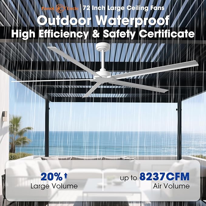 White Ceiling Fan No Light, 72 Inch Waterproof Outdoor Ceiling Fans for Patios, Remote Control, Industrial Ceiling Fans Without Lights, 6-Speed Reversible DC Motor, 5 Aluminum Blades, Timer