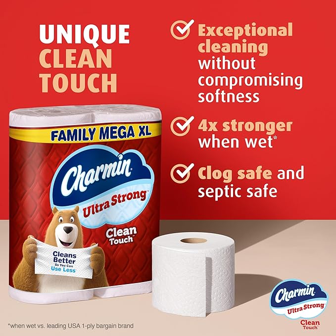 Charmin Toilet Paper Ultra Strong Clean Touch, 18 Family Mega XL Rolls = 126 Regular Rolls (Packaging May Vary)