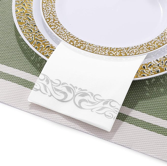 FOCUSLINE 100 Linen Feel Bathroom Napkins, Soft and Absorbent Disposable Guest Towels, Cloth-Like Paper Hand Towels Decorative Napkins for Dinners, Parties, Weddings or Events, Silver, 12" x 17"