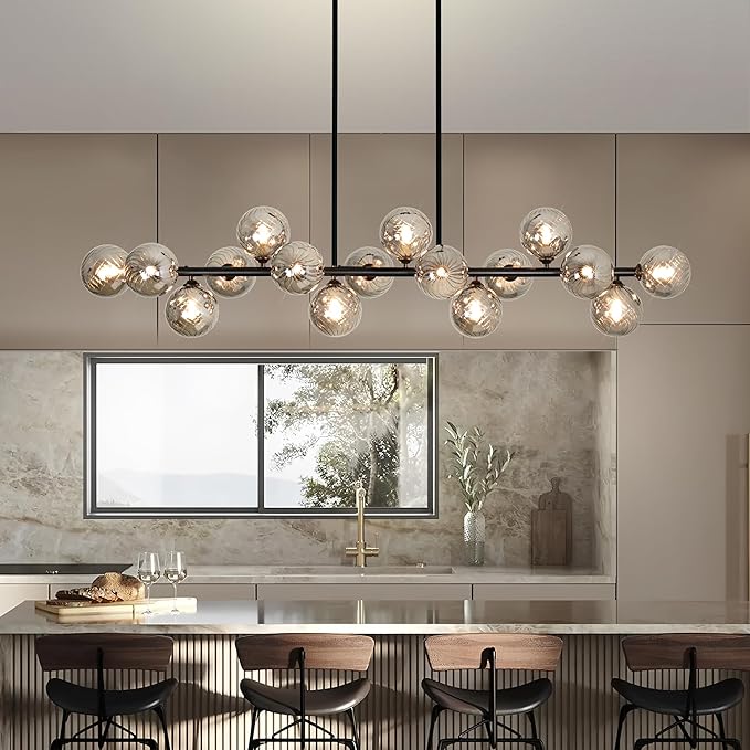 Dining Room Light Fixture 16-Light Large Chandelier Farmhouse Chandeliers for Dining Room Linear Sputnik Chandelier Smoke Gray Swirled Globe Glass Bubble Black Modern Pendant Lights Kitchen Island