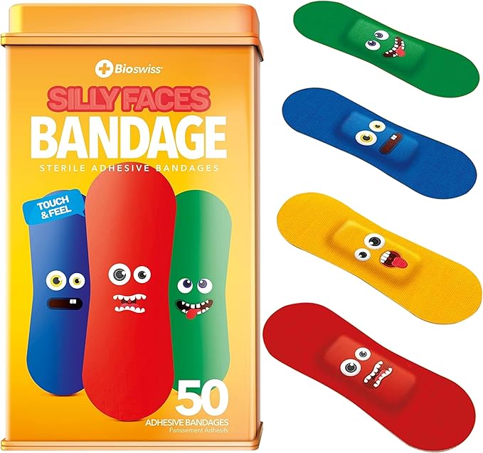BioSwiss Kids Bandages, Silly Faces Shaped Self Adhesive Bandage Set, Latex Free, Sterile Wound Care, 50 Count